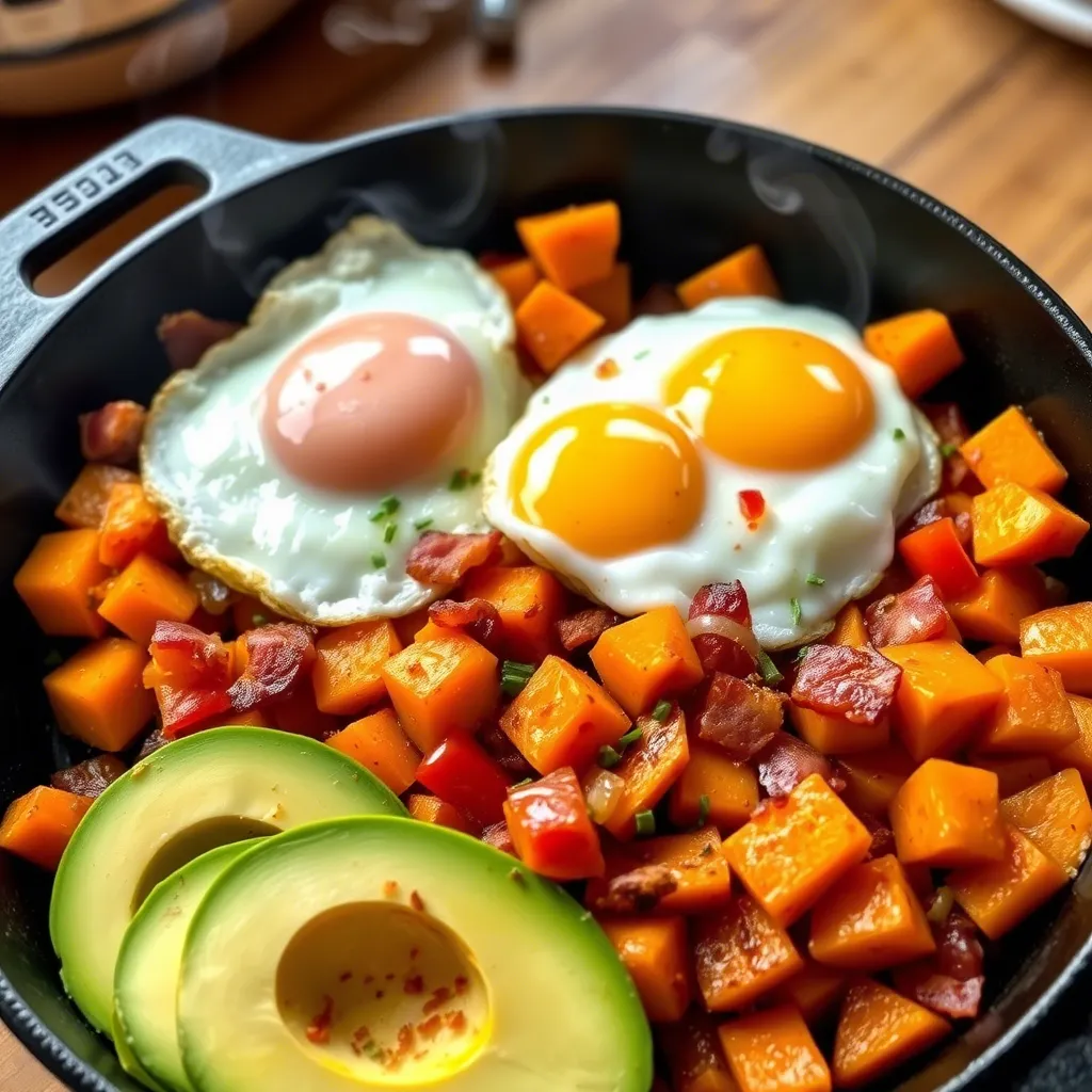 Sweet Potato Hash with Fried Eggs and Avocado