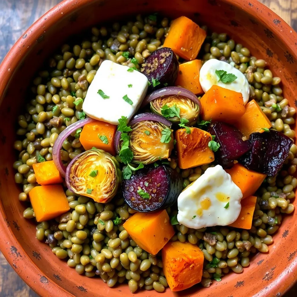Warm Lentil Salad with Roasted Vegetables and Goat Cheese